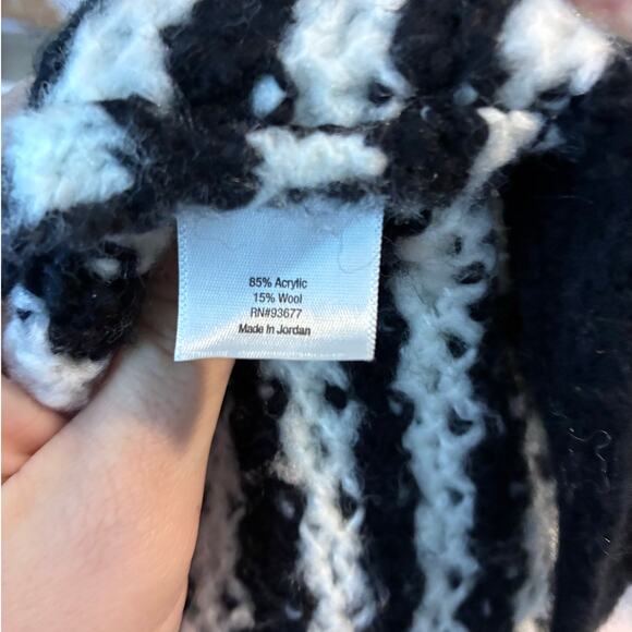 ANA Cowl Chunky Knit Sweater Women's M Tall Black White Striped Wool Blnd Hi Low - Picture 2 of 10